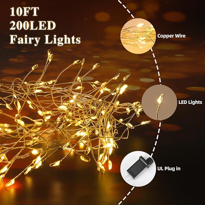 Fairy Lights 10 Feet 200 LEDs Cluster Lights Waterproof Firecracker String Light UL Plug Power Supply with Remote 8 Lighting Modes for Ceiling Bedroom Wreath Wedding Christmas, Warm White