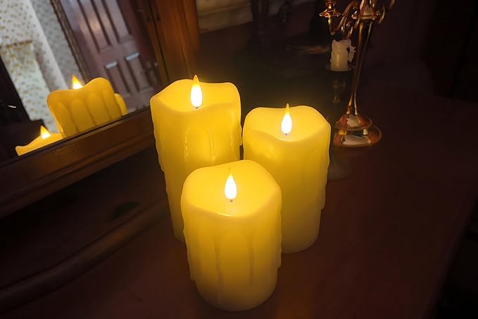 Flameless Pillar Candles Flickering with Remote Timer, Battery Operated LED Candles Up to 400 Hours, 3D Moving Flame Real Wax Candles. (Ivory with Dripping Tear)
