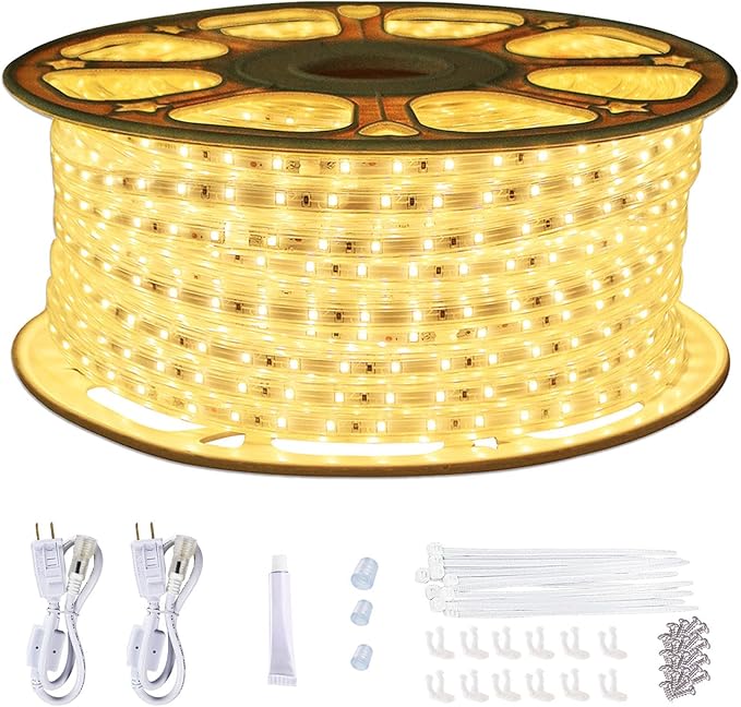 SURNIE 150ft Flat Outdoor Rope Lights Waterproof: 110V Cool Warm White LED Strip Light - Cuttable Connectable Lights for Deck Patio Stairs Backyards Commercial Decor Lighting, Not Tube Rope