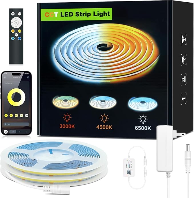 COB LED Strip Lights 32.8ft, Tunable CCT LED Strip 10m, 24V High Density Dotless Tape Light 3000K-6000K, DIY Cuttable Flexible Kit with Remote & Power Plug for Large Room Kitchen Cabinet Decor