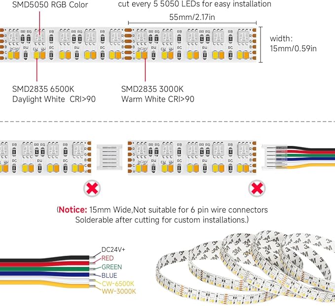 BTF-LIGHTING Double Row 270Leds/M RGBCCT LED Strip Light - 5050RGB+2835,Brighter Tunable White 2700K-6500K & RGB, 24VDC 16.4Ft, for Kitchen, Living Room,15mm Width,IP30, RA>90 (No Adapter/Controller)