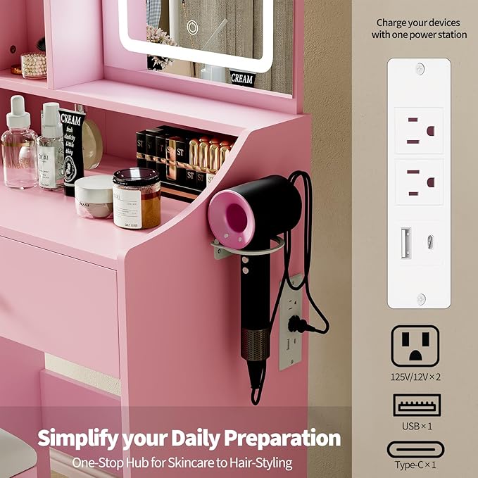DUMOS Makeup Vanity Desk, Vanity Table Set with Mirror and Lights, Small Vanity with Storage Bench, Charging Station and Hair Dryer Holder, Dressing Table with Drawer and Three Shelves, Pink