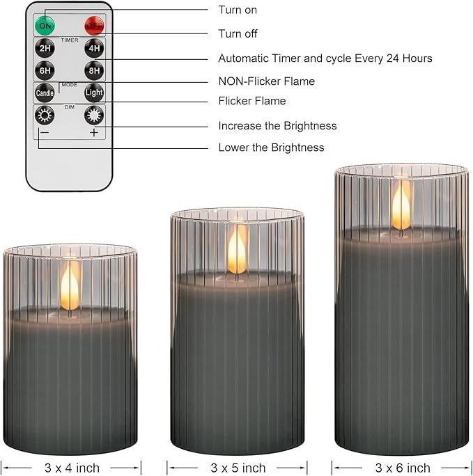 ANGELLOONG Gray Flameless Candles with Remote, Battery Operated Candles with Timer, LED Candle Flickering Pillar, Fake Electric Candles for Home Bathroom Shelf Decor, Set of 3