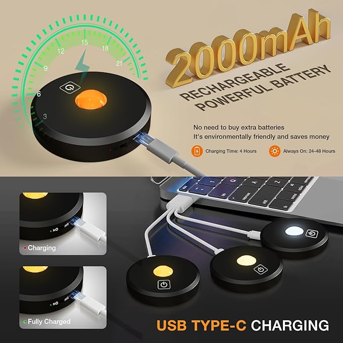 Puck Lights With Remote Control - Rechargeable, Wireless Under Cabinet Lighting, 2000mAh Battery Operated Tap Push Touch, Stick On for Counter, Shelf, Bookcase (Black, 3 Pcs)
