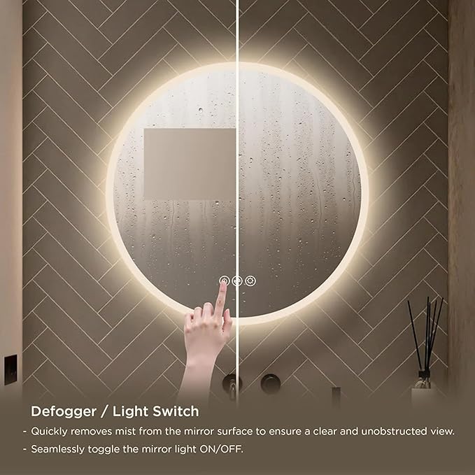 Blossom 24 Inch Large Modern LED Round Bathroom Vanity Mirror, Color Temperature Adjustable, Anti-Fog Dimmable Lights, Easy to Install, Wall Mounted Makeup Mirror with Smart Touch Button