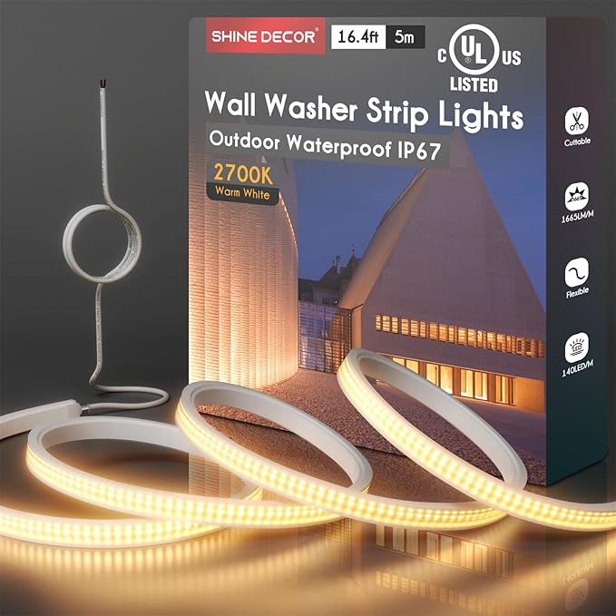 Shine Decor 24V Flexible Wall Washer Lights 16.4 FT, UL Listed IP67 Waterproof Linear Grazer, 2700K Warm White for Outdoor Commercial Lighting, Buildings, Weddings, Church Illumination, Hardwired
