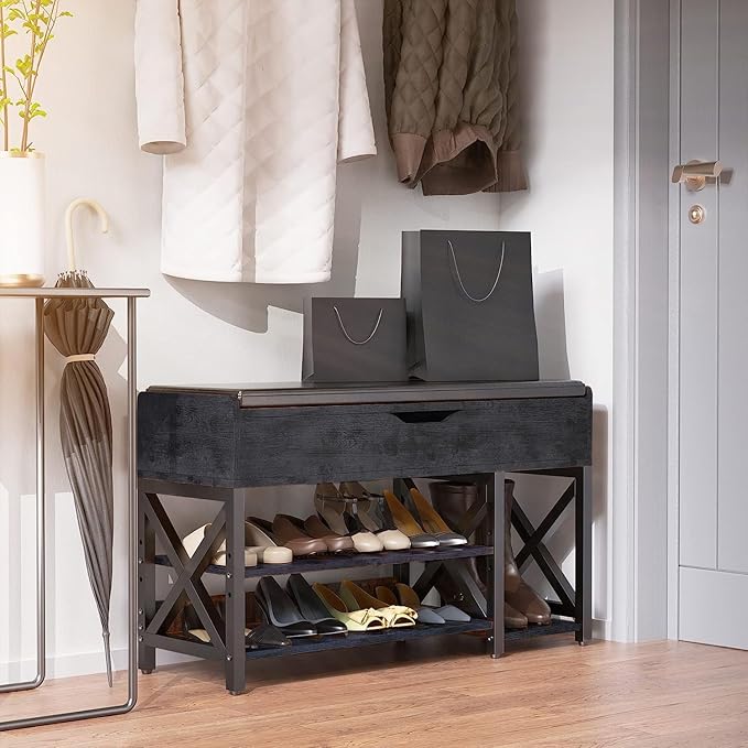 Shoe Bench, Lift Top Shoe Storage Bench, Adjustable Shelf Entryway Bench with Cushion for Entry, Bedroom, Closet, Living Room, Hallway (Black, 35.5“W)