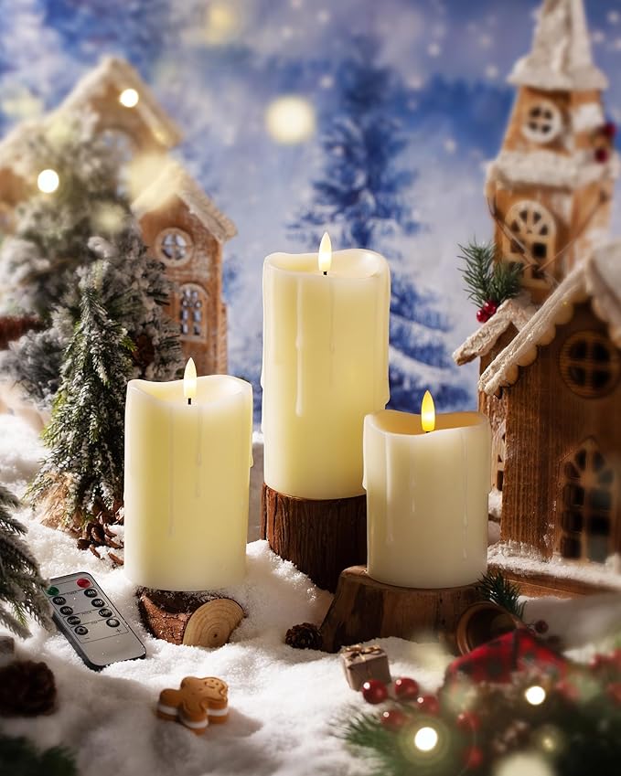 Ivory Flameless Candles with Remote and Timer, Real Wax Made Wax Drip LED Pillar Candles Battery Operated with 3D Flickering Flame Melted Top - 3" x 4",5",6" - Set of 3