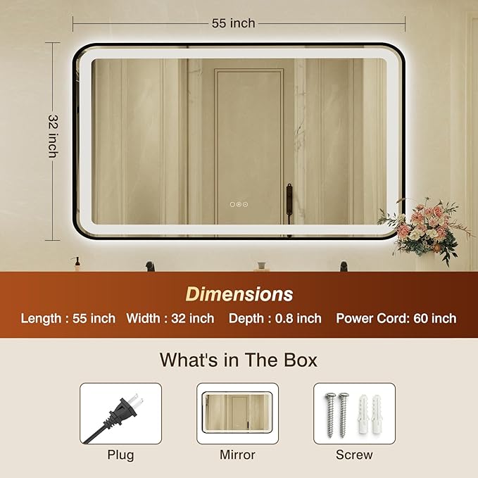 32x55 Inch LED Bathroom Mirror with Black Frame,Front and Backlit Vanity Mirror,Tempered Glass,Stepless Dimmable Wall Mirrors with Anti-Fog, 3 Colors, Memory, Waterproof, LED Smart Bathroom Mirror