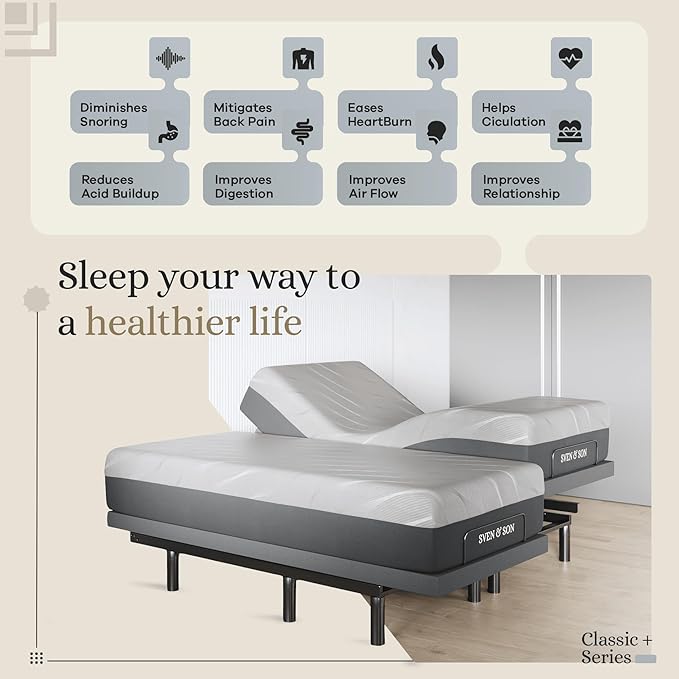 Sven & Son Harmony Adjustable Bed Base, Head and Foot Lift, Massage, Under-Bed Lights, USB, Gel Memory, Zero Gravity Smart Frame - Split King + 10 inch Memory Foam Matt (Firm)