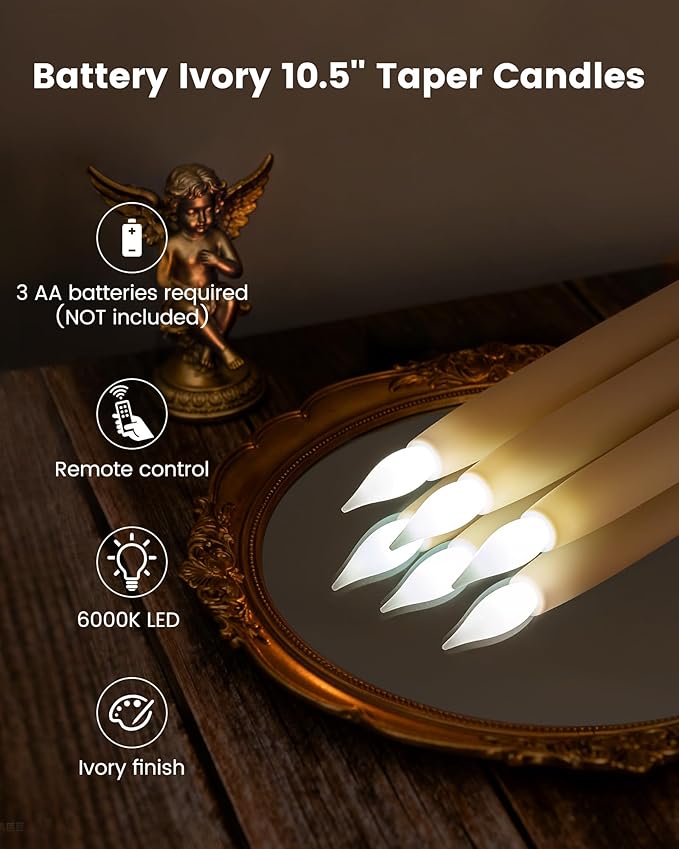 SURAIELEC 10.5'' Flameless Ivory Taper Candles, Battery Operated Candle with Remote, Timer, Dimmer, 5000K Cool Clear White, Realistic LED Candle for Party, Halloween & Christmas Decoration, 6 Pack