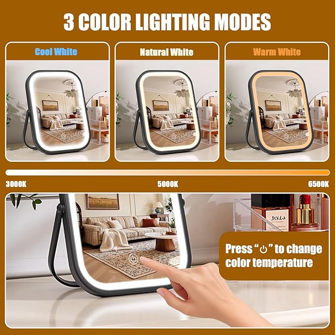 Rechargeable Travel Makeup Mirror, 8"×6" Small Vanity Mirror with Lights, 1500mAH Battery, 3-Color Lighting, Dimmable, 360° Rotation, Portable Desk Mirror with Storage Pouch, Travel Essentials (Black)