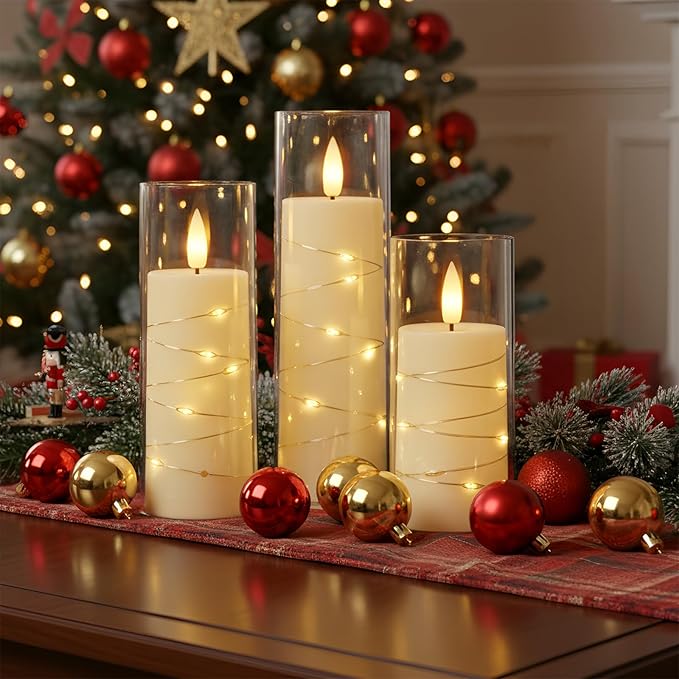 Raycare Flameless Candle with Remote Timer, 3 Flickering Acrylic Battery Operated LED Pillar Candles with Embedded Star String for Valentine's Day, Home Decor, and as a Gift(Ivory)