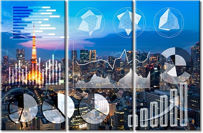 TUMOVO 3 Pieces Currency Business and Market Charts Artwork Home Decor Trading Graph on The Cityscape at Night Background Artwork Wall Art for Living Room Framed Ready to Hang (42" Wx28 H)