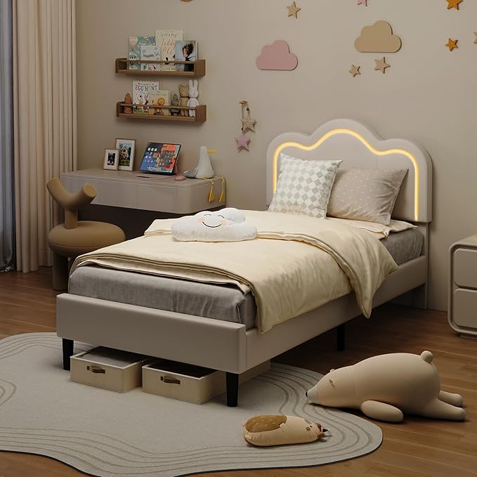 GarveeHome Twin Upholstered LED Bed Frame with Headboard, PU Leather Princess Platform Bed Frame for Kids, Wooden Slats Support, No Box Spring Needed (Cream)