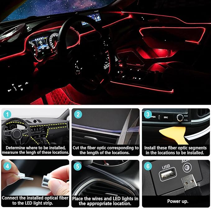 Interior Car LED Strip Lights, RGB 6 in 1 Ambient Lighting Kit with 315 inches Integrated Fiber Optic, 16 Million Colors Car Interior Lights with Wireless APP& Remote Control, Sync to Music
