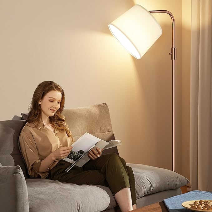 Ambimall 𝐅𝐮𝐥𝐥𝐲 𝐃𝐢𝐦𝐦𝐚𝐛𝐥𝐞 Floor Lamp - Floor Lamps with 9W 𝐋𝐄𝐃 Bulb, Standing Lamps for Living Room with Adjust Head, Modern Standing Tall Light Rotary Switch for Office(Brown and White)