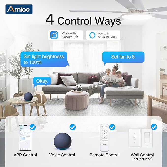 Amico Ceiling Fans with Lights, 52 inch Smart Ceiling Fan with Remote/APP/Alexa Control, Flush Mount, Reversible DC Motor, 5 Blades, 6 Speeds, 3CCT, Dimmable, Noiseless, Bedroom, Living Room, White
