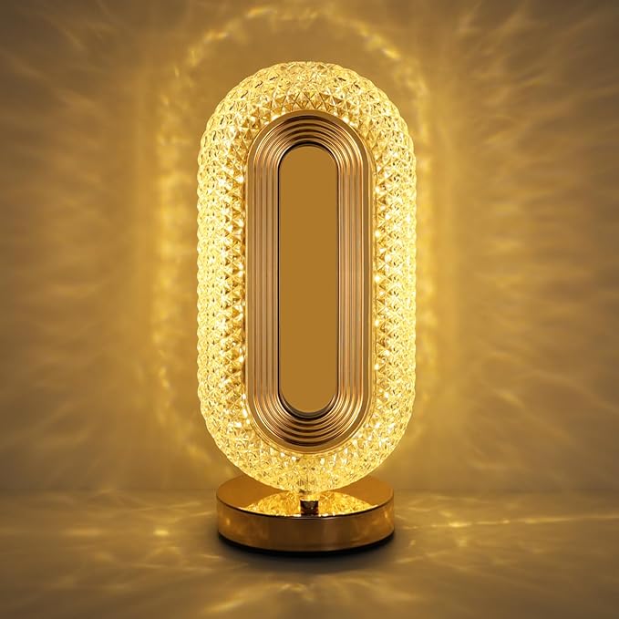 Lewondr Bedside Table Lamp for Bedroom, 3 Color Dimmable Night Light with USB Port, Rechargeable Touch Lamps, Crystal Modern Oval Light Nightstand Desk Lamp for Dorm Living Room Office
