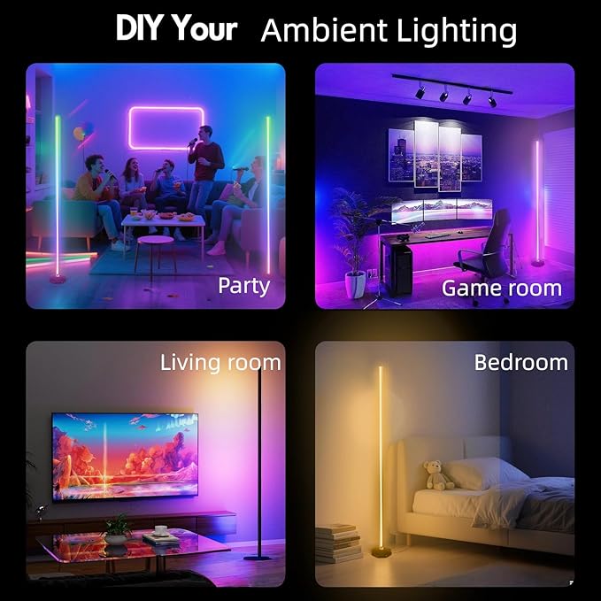 LED RGB Corner Lamp: Smart RGB LED Corner Floor Lamp Adjustable Height with 16 Millon RGBWIC Color Changing Lights 300+ Scene,Music Sync&Timer,Ambient Lighting for Living Room,Bedroom,Game Room