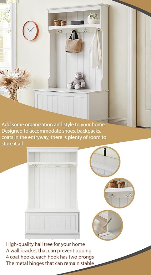 Modern Style 3-In-1 Entryway Hall Tree with Coat Racks and Storage Shelf,Bench and Shoe Cabinet,4 Hooks for Entrance,Hallway,Easy Assembly