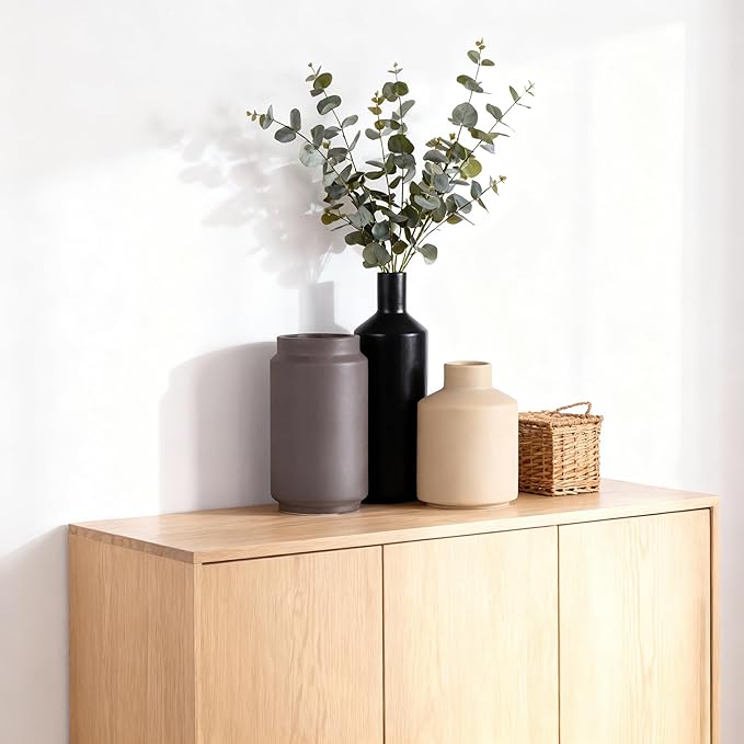 Modern 3 Piece Ceramic Vase Set - Minimalist Home Decor Vases for Living Room, Bedroom, or Entryway - Modern Neutral Table Decor for Flowers or Greenery, Shelf and Mantel Accent