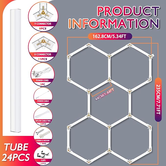 BRILLIHOOD LED Hexagon Garage Lights, 24 Pack Car Garage Light Tubes, 192W, 23040LM, 6500K Super Bright, 5 Grid Systems Car Detailing LED Hex Light for Warehouse Workshop Basement Gym