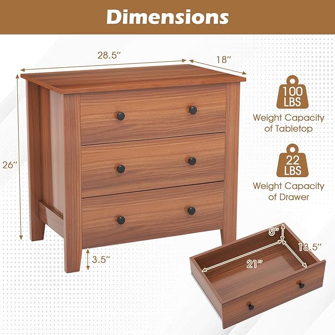 Giantex Small 3-Drawer Dresser for Bedroom - 28.5” x 18” x 26” Wide Chest of Drawers, Modern Large Nightstand, Storage Cabinet, Closet Storage Organizer for Living Room, Hallway (Walnut)