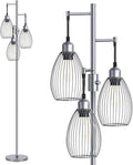 Nintiue Dimmable Floor Lamp, 3 x 800LM LED Edison Bulbs Included, Industrial Floor Lamp Standing Tree Lamp with Elegant Teardrop Cage Heads Tall Lamps for Living Room Bedroom-Grey