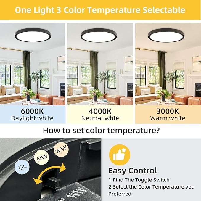 Led Flush Mount Ceiling Light,16 Inch 32w 3480lm,3000k/4000k/6000k 3CCT Selectable, Round Modern Flat Panel Super Slim Led Ceiling Light,for Living Dining Kitchen Bedroom Room (2Pack-Black)
