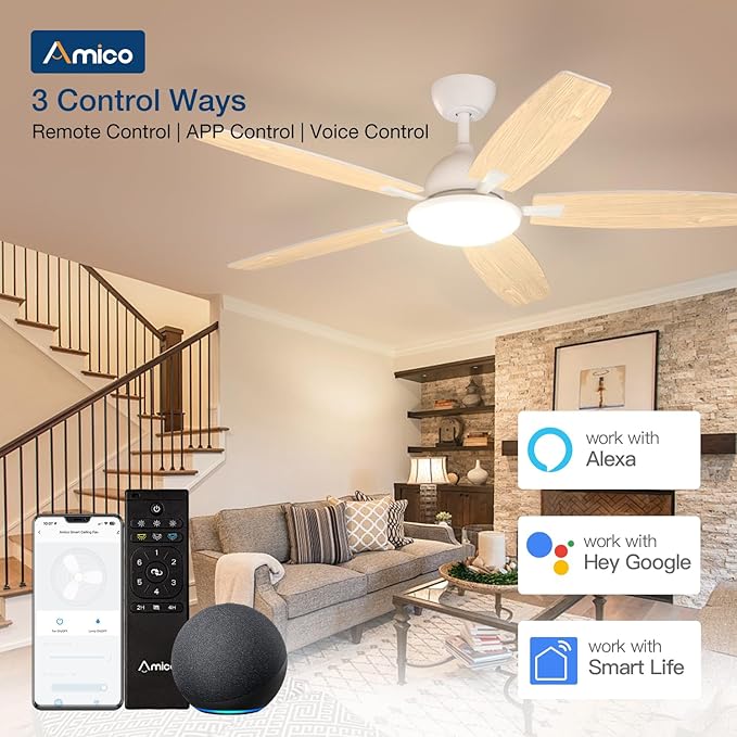 Amico Ceiling Fans with Lights, 60 inch Smart Ceiling Fan with Remote/APP/Alexa Control, Reversible, 5 Blades, 6 Speeds, 3CCT, Dimmable, Noiseless, Wifi Ceiling Fan for Farmhouse, Bedroom, White