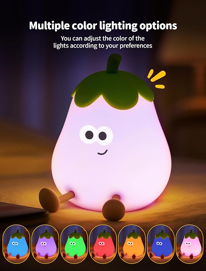 Eggplant Night Light for Kids, Nursery Night Lights, Bedside Touch Lamp, Cute Silicone Nightlight for Baby Boy Girl, 3 Level Dimmable Squishy Lamps Gift for Bedroom Kids Room Decor