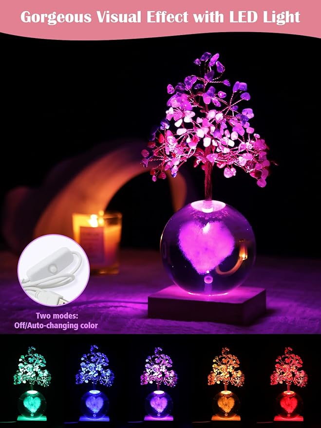 Crystal Tree of Life for Positive Energy, 7 Chakra Healing Tree with Multicolor Night Light for Home, Office, Desk Decor, Unique Birthday Gift for Women Girl (3D Heart)