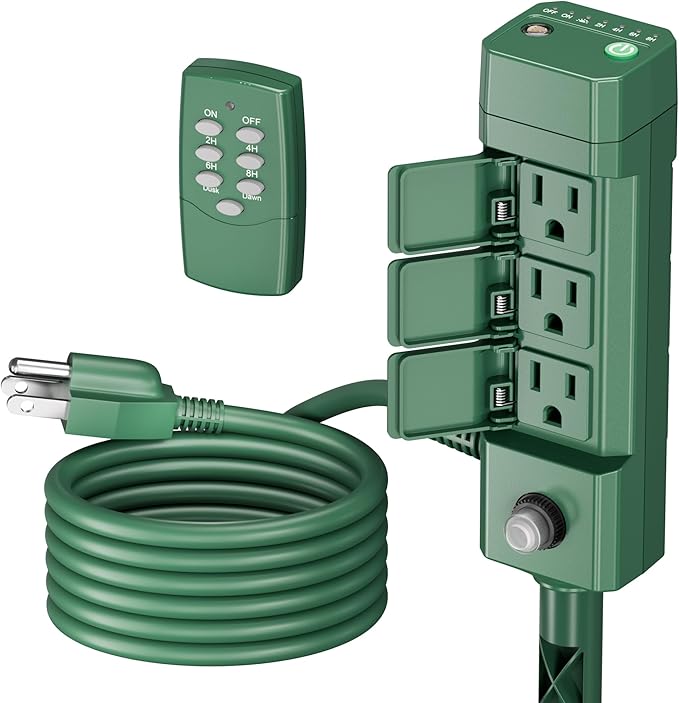 BN-LINK Outdoor Power Stake Timer, 100FT Wireless Remote Control, Dusk to Dawn Sensor for Outdoor Lights, 6 Grounded Outlets, 6ft Extension Cord, 1875W/15A,Christmas Decorations, ETL Listed