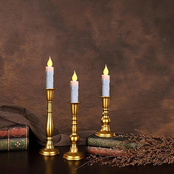 CVHOMEDECO. Flickering Taper Candles LED Drip Flameless Candles, Battery Operated with Timer, White, 4-3/4 Inch, Set of 3