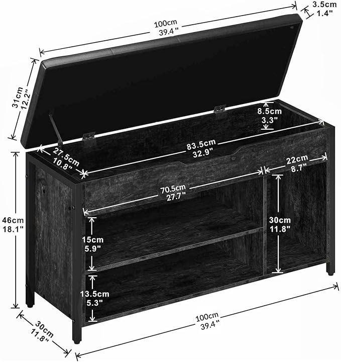 Shoe Bench, Lift Top Shoe Storage Bench, Adjustable Shelf Entryway Bench, Metal and Wood Shoe Rack Organizer with Cushion for Entry, Bedroom, Closet, Living Room, Hallway, Black 39.5W