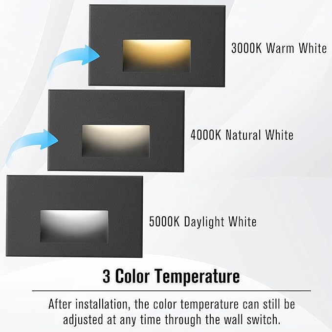 120V Indoor Step Lights Outdoor Stair Lights Dimmable 4W, 3000K/4000K/5000K 3 Color Changing Deck Stair Light, IP66 Waterproof Light for Step, Black Horizontal, 6-Pack