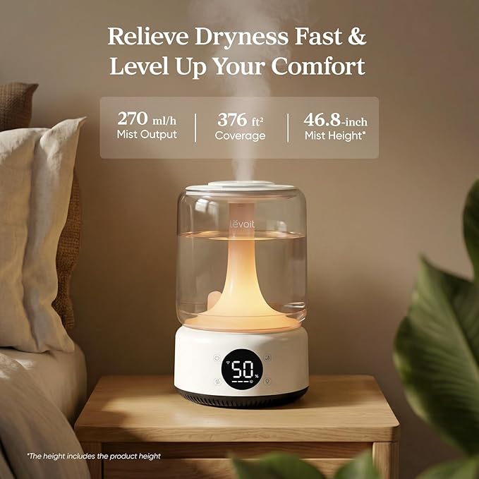 LEVOIT Smart Humidifiers for Bedroom, 4.2L Top Fill for Large Room with 42H Runtime, Dishwasher Safe Easy to Clean, 21dB Cool Mist for Baby, Plants, APP/Voice Control, Scene Mode With Light & Music