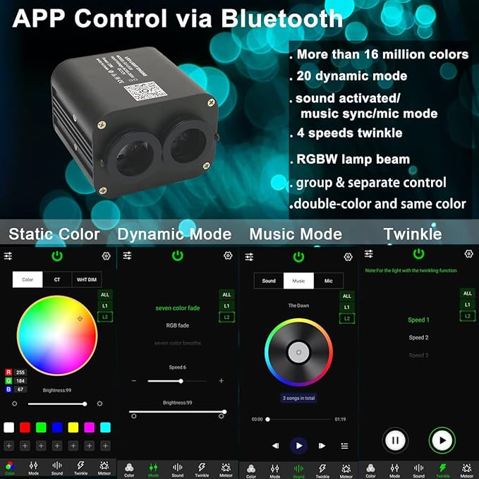 AZIMOM Dual Color 20W Twinkle 900pcs Fiber Optic Starlight Headliner Kits 0.03in 9.8ft Fiber Strands End Glow Sound Activated Remote APP Control RGBW Light Source Home Ceiling Car Headliner Décor