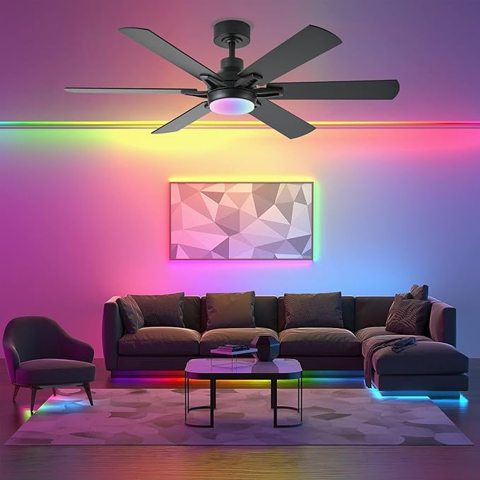 52in Ceiling Fans with Lights RGB Ceiling Fan with Light and Remote/APP Control,Low Profile Ceiling Fans with Lights for Bedroom,Living Room,Kids Room,3CCT Dimmable Modern Ceiling Fan, 6 Speeds,black