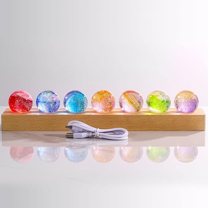 Movdyka 7 Colorful Glass Crystal Ball Desk ecorations Chakra Healing Stones Spheres with LED Wooden Stand, Quartz Crystal Meditation Night Light, Positive Energy Decor Gifts for Him Her -1.57"(40mm)