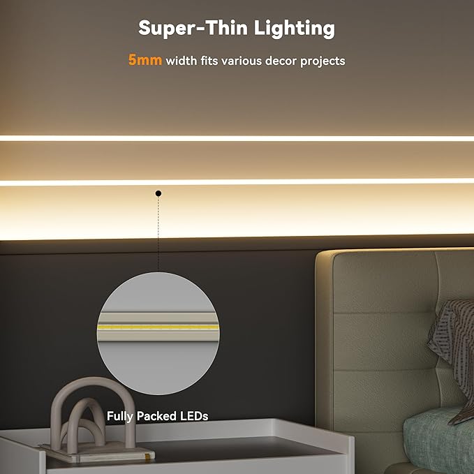 PAUTIX 5mm COB LED Strip Light 16.4ft/5m 3000K Warm White 504 LEDs/m,DC24V Flexible LED Tape for Cabinet Home DIY Lighting Projects(Power Supply&Controller Not Included)