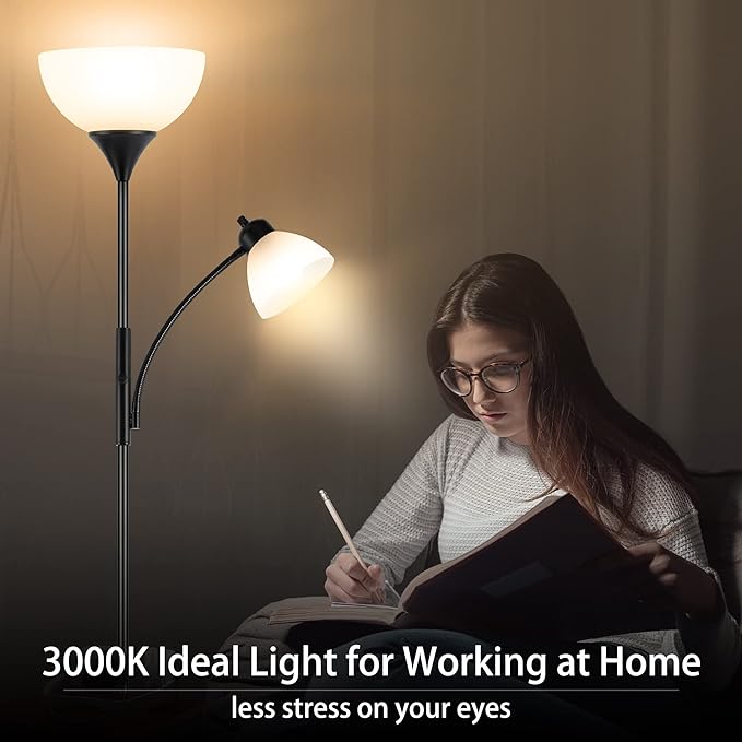 Floor Lamp, Dimmable Standing lamp, Stepless Dimming Brightness, Included 9W and 5W LED Bulbs, Industrial Floor Lamp for Living Room, Bedroom, Office, Reading