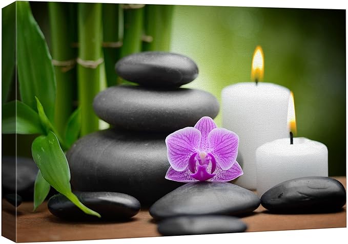 wall26 Canvas Print Wall Art Purple Orchid with Candles, Massage Stones & Bamboo Floral Nature Photography Realism Zen Scenic Multicolor for Living Room, Bedroom, Bathroom, Office - 12"x18"