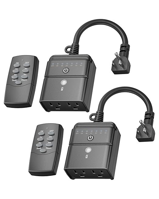 BN-LINK Outdoor Timer with Remote Control, Dusk to Dawn Light Sensor, Waterproof Plug-in Timer Outlet, 2 Grounded Outlets, 100ft Range, Perfect for Christmas & Halloween Lights, 15A 1/2HP ETL,2pack