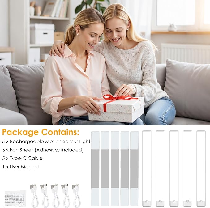 15.7 inch Motion Sensor Under Cabinet Light, 3 Color Temperature Dimmable Rechargeable Magnetic Closet Light Wireless Under Counter Light 5-Pack