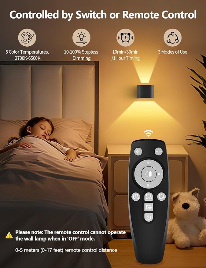 Rechargeable Motion Sensor Wall Light, Black 6000mAh LED Wireless Sconces with Remote Control, 10-100% Dimmable 2700K-6500K, Adjustable Beam Angle, Battery Operated, 3 Modes for Indoor Bedroom, 2-Pack