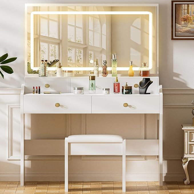 COMHOMA Makeup Vanity Desk with Mirror and Lights, Vanity Table and Chair Set with 5 Drawers & Charging Station, Bedroom Dressing Table, Stepless Dimmable & 3 Color Modes Adjustable, Snow White