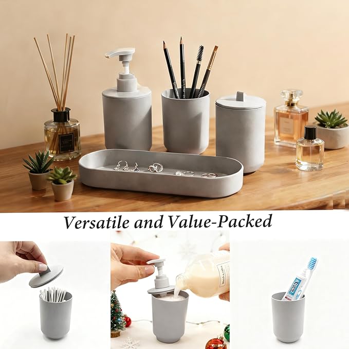 4-Piece Bathroom Organizer Set, Light Grey Plastic Countertop Storage with Toothbrush Holder, Lotion Soap Dispenser, Qtip Holder & Vanity Tray – Clean Bathroom Decor for Modern Spaces