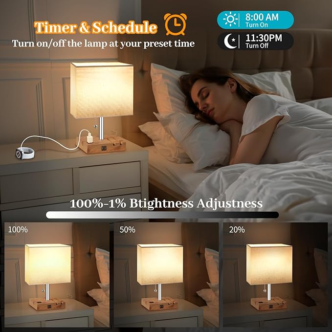 Smart RGB Dimmable Table Lamp Work with Alexa&APP&Remote Control, Bedside Desk Lamp with Charging Ports&Outlet&Phone Stand, Music Sync Nightstand Lamp for Bedroom Living Room Office Dorm, Wooden Base